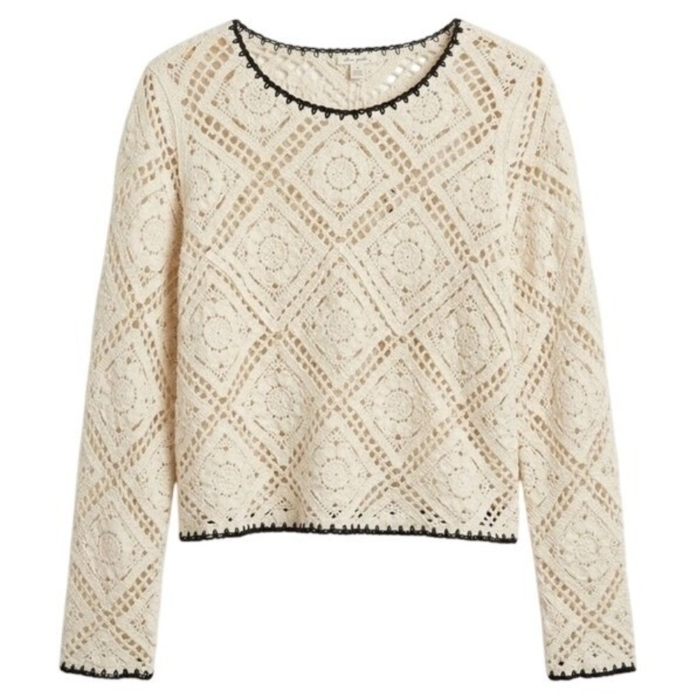 Ultra Pink Ivory Crochet Long Sleeve Top Black Trim Size Medium Boho Festival